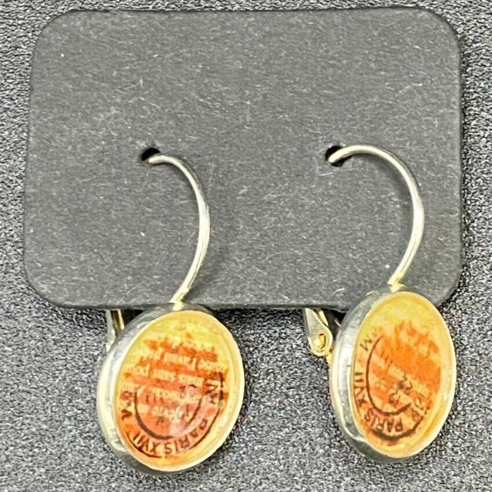 Silver Plated Orange Yellow and Brown French Paris Stamp Leverback Earrings